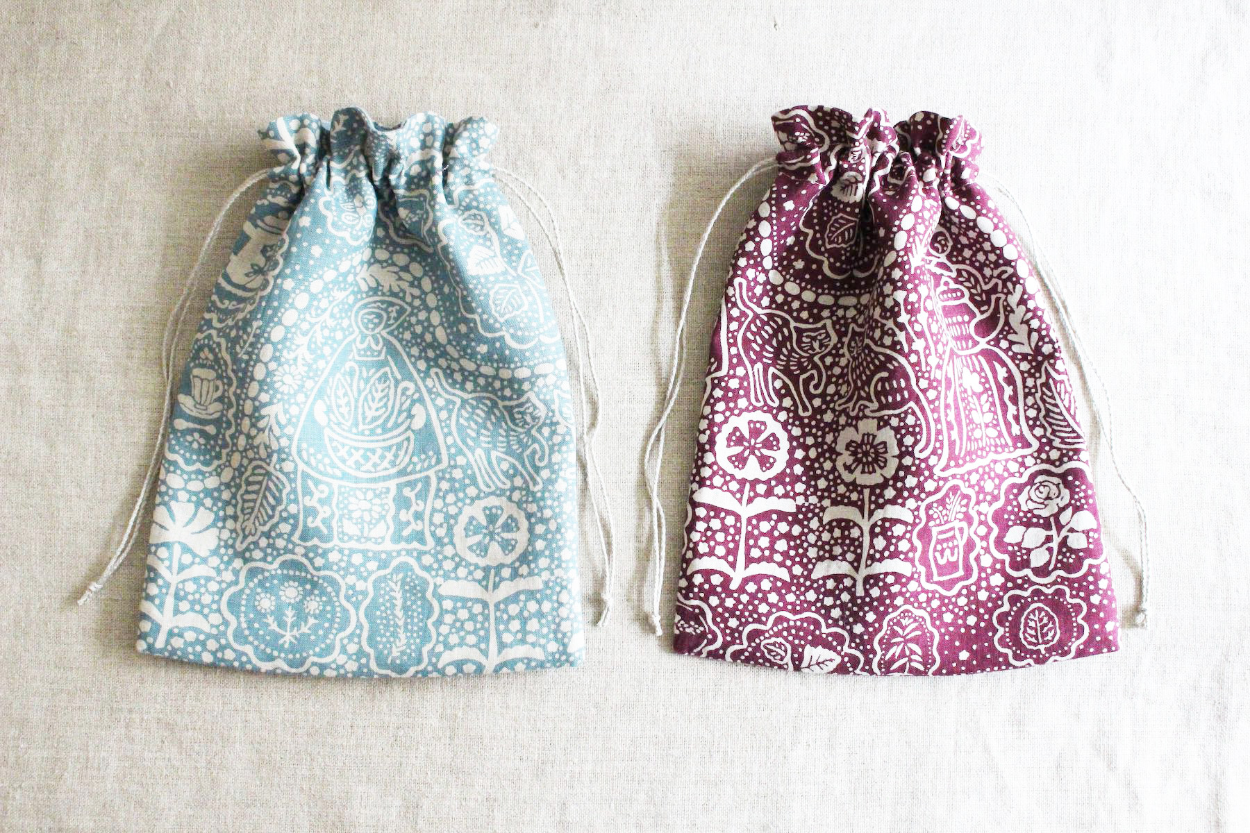 リネンプリントハーブティーで作る<br />巾着セットレッド